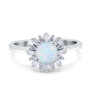Art Deco Wedding Ring With Baguette And Round Lab Created White Opal 925 Sterling Silver